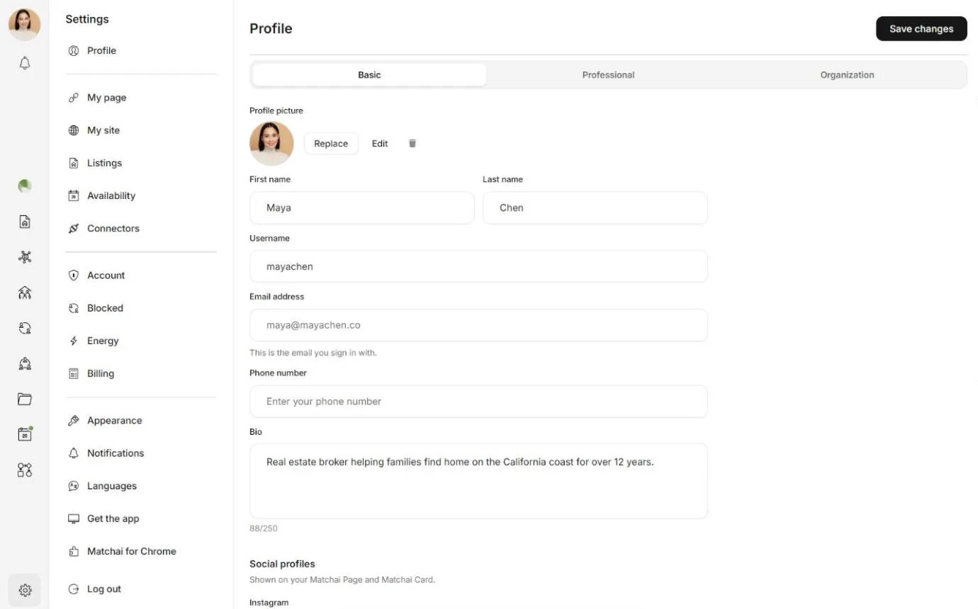 Your profile in Settings